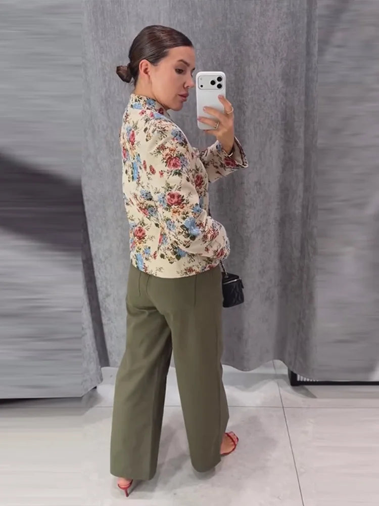 Women Cropped Floral Print Jacket Stand Collar Long Sleeve Button Front Pockets Vintage Loose Short Coat 2026 Autumn Chic Blazer
