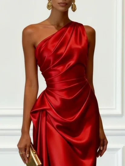 Elegant One Shoulder Satin Ruched Midi Dress for Formal Evening Cocktail Party