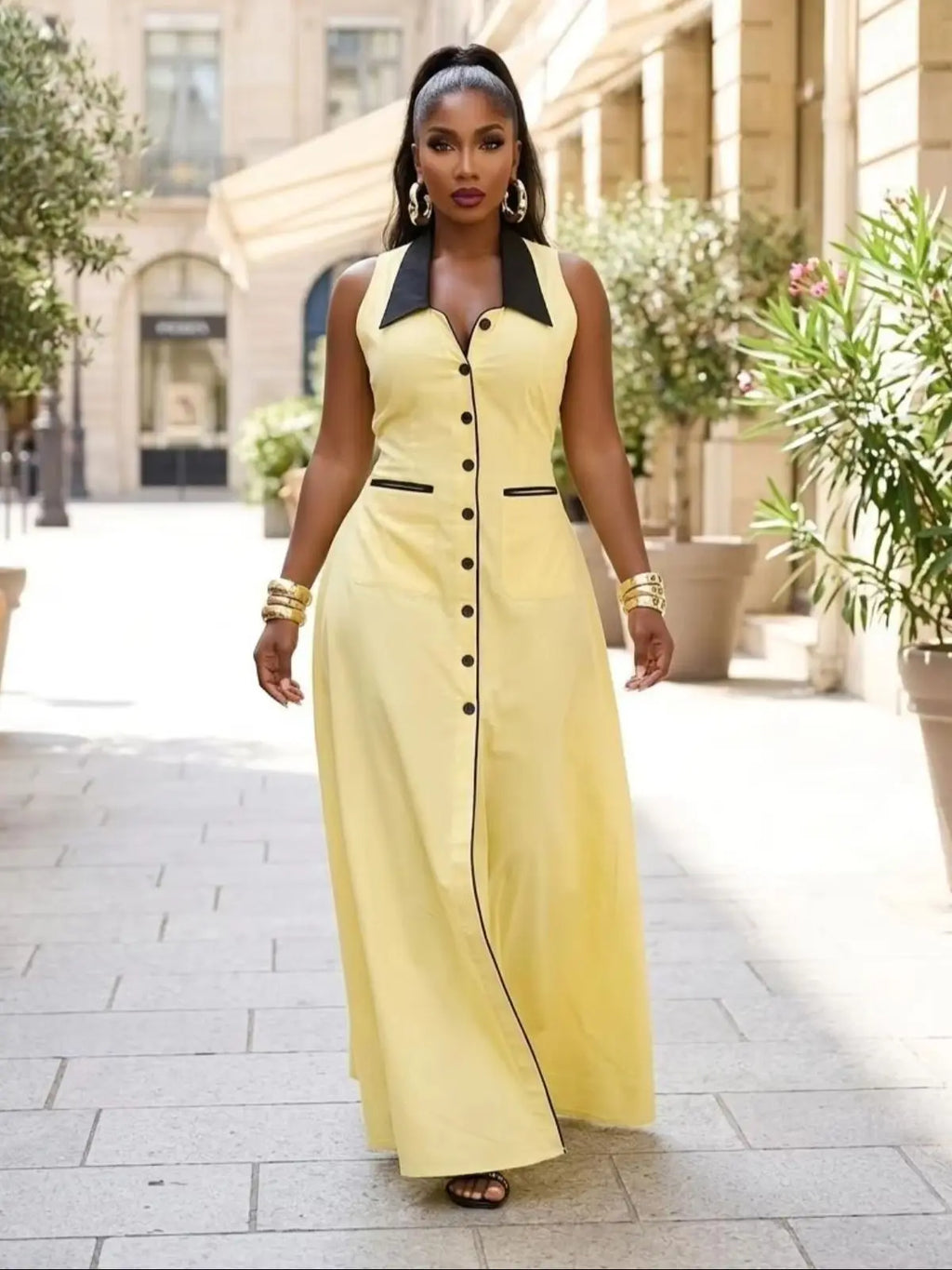 Button Detail Turn-Down Collar Maxi Dress