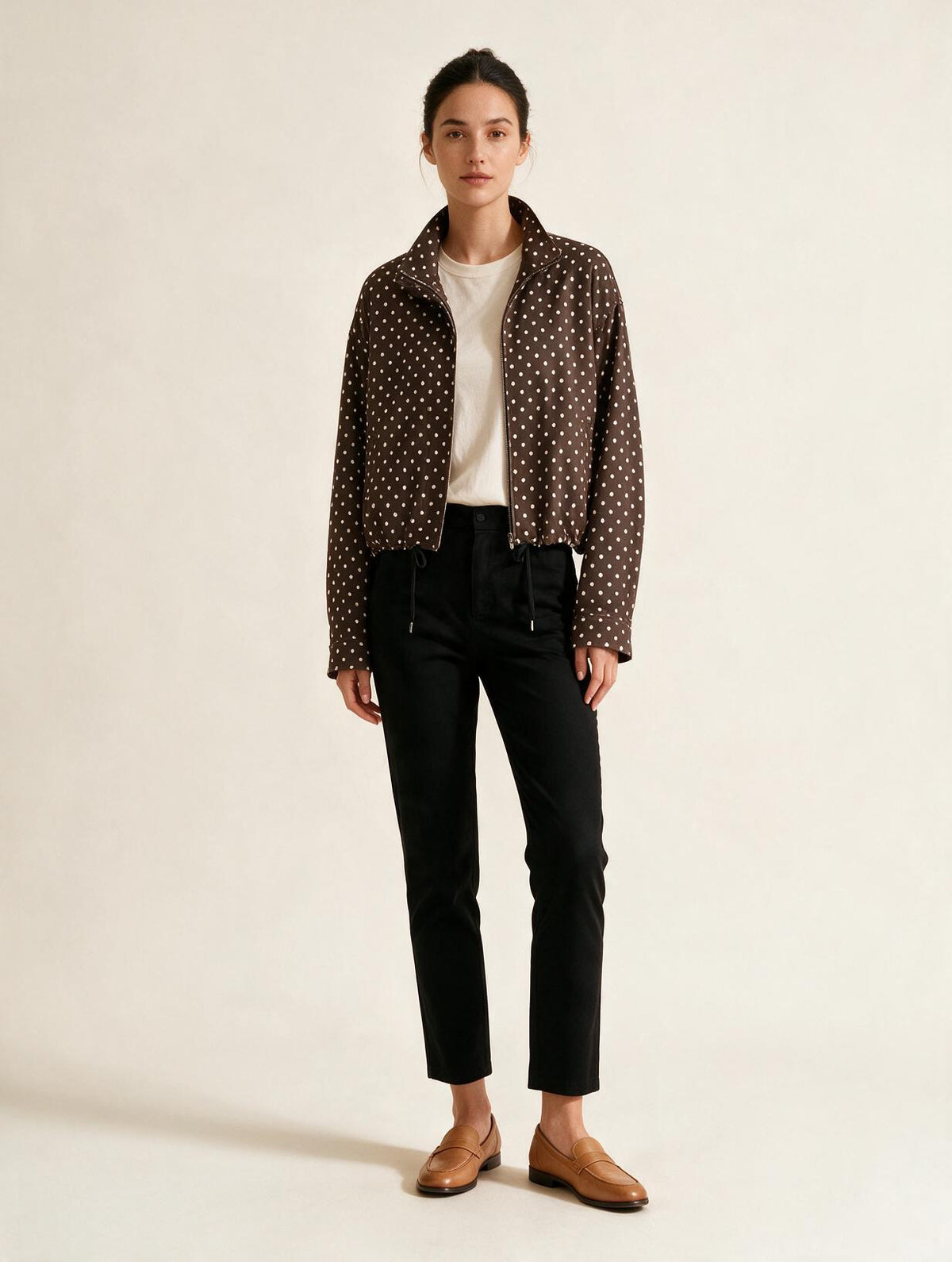 Elettra Ferri polka dot casual loose jacket worn by a model, featuring a relaxed fit and stylish design for casual wear.