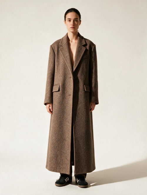Elettra Ferri chic wool blend lapel coat modeled on a woman, showcasing its stylish collar and tailored fit.