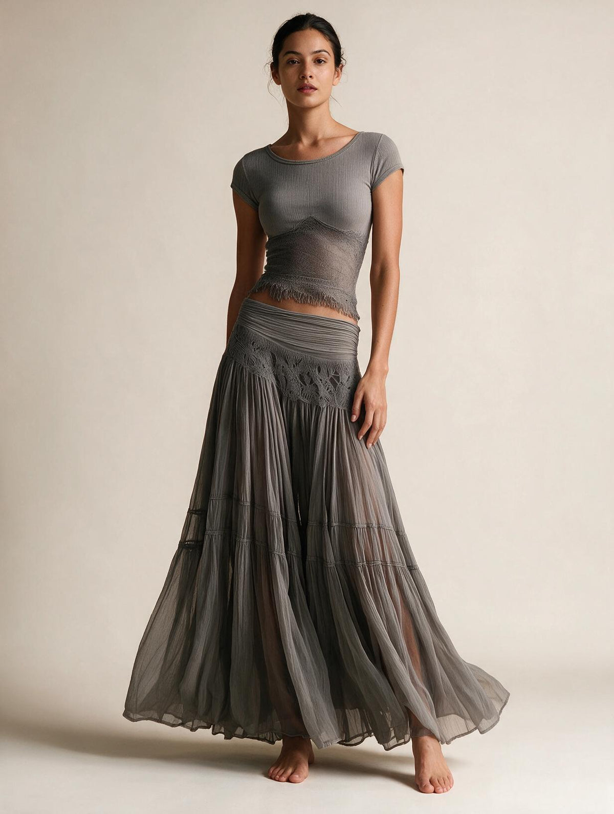 Elettra Ferri chiffon mermaid two-piece dress set shown on model, featuring elegant flowing fabric and fitted silhouette.