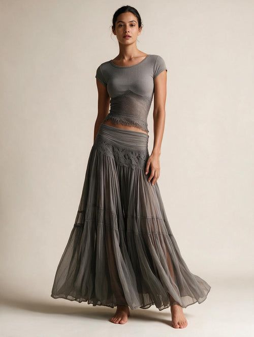 Elettra Ferri chiffon mermaid two-piece dress set shown on model, featuring elegant flowing fabric and fitted silhouette.