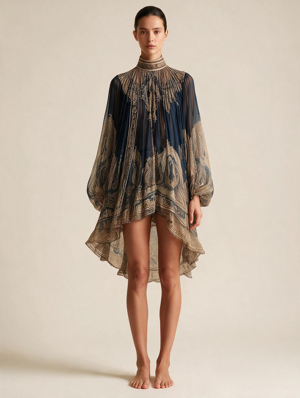Elettra Ferri printed chiffon puff-sleeve midi dress on a model showcasing its flowing fabric and elegant design.