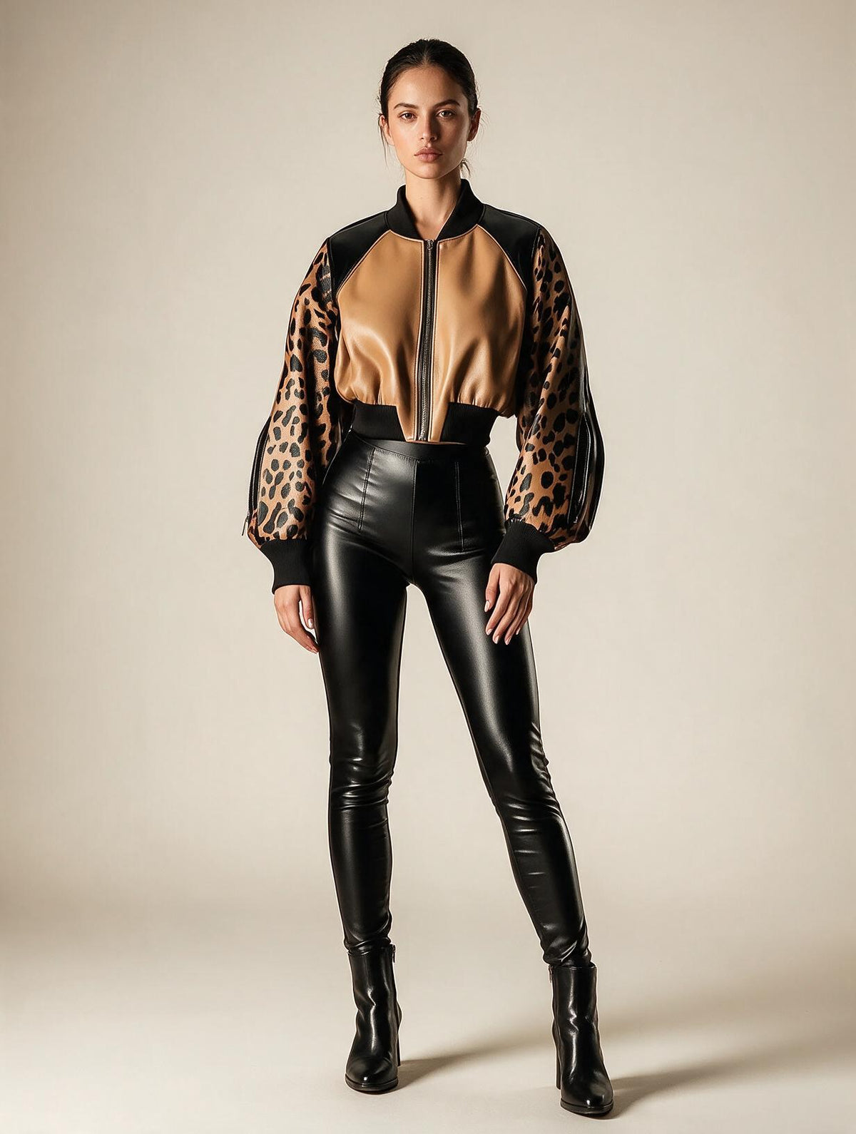 Elettra Ferri leopard print cropped zip coat worn by a model, showcasing stylish animal pattern and modern design.