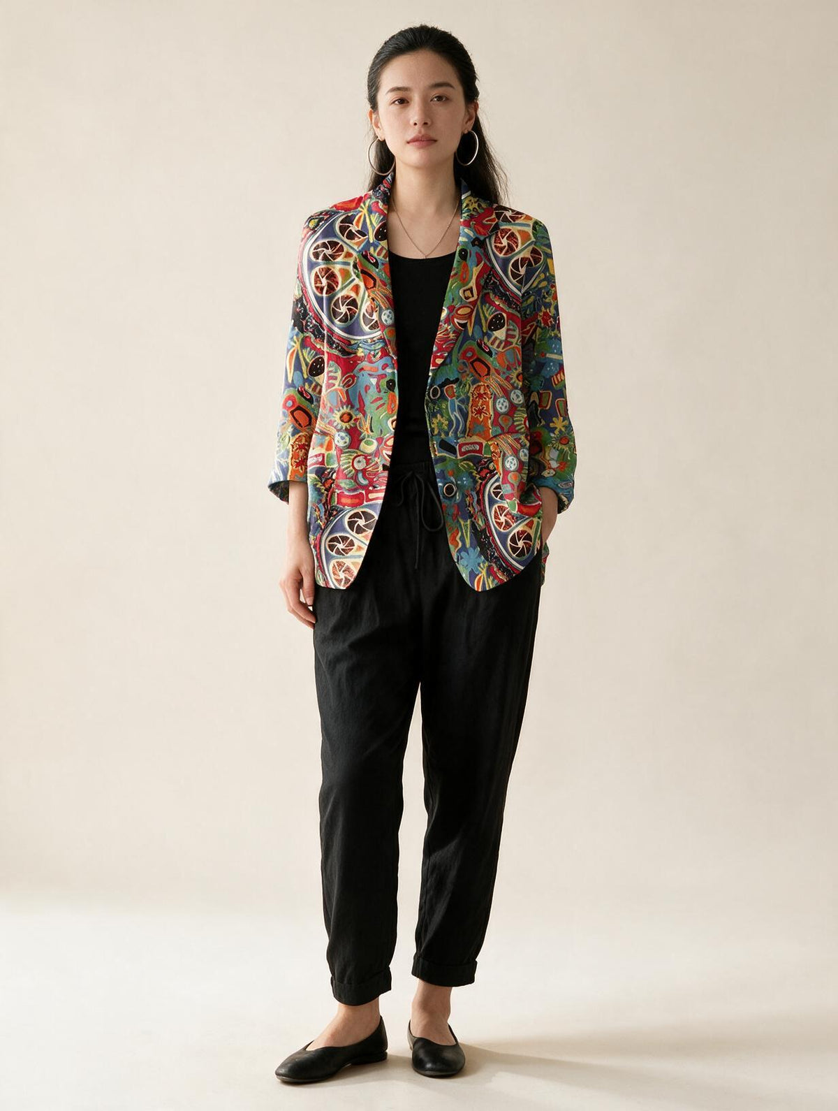 Elettra Ferri printed cotton tailored blazer worn by a model, casualwear style, showcasing slim fit and stylish design.