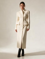 Elettra Ferri elegant waist-cinching wool blend coat worn by a model, showcasing casualwear style and tailored fit.