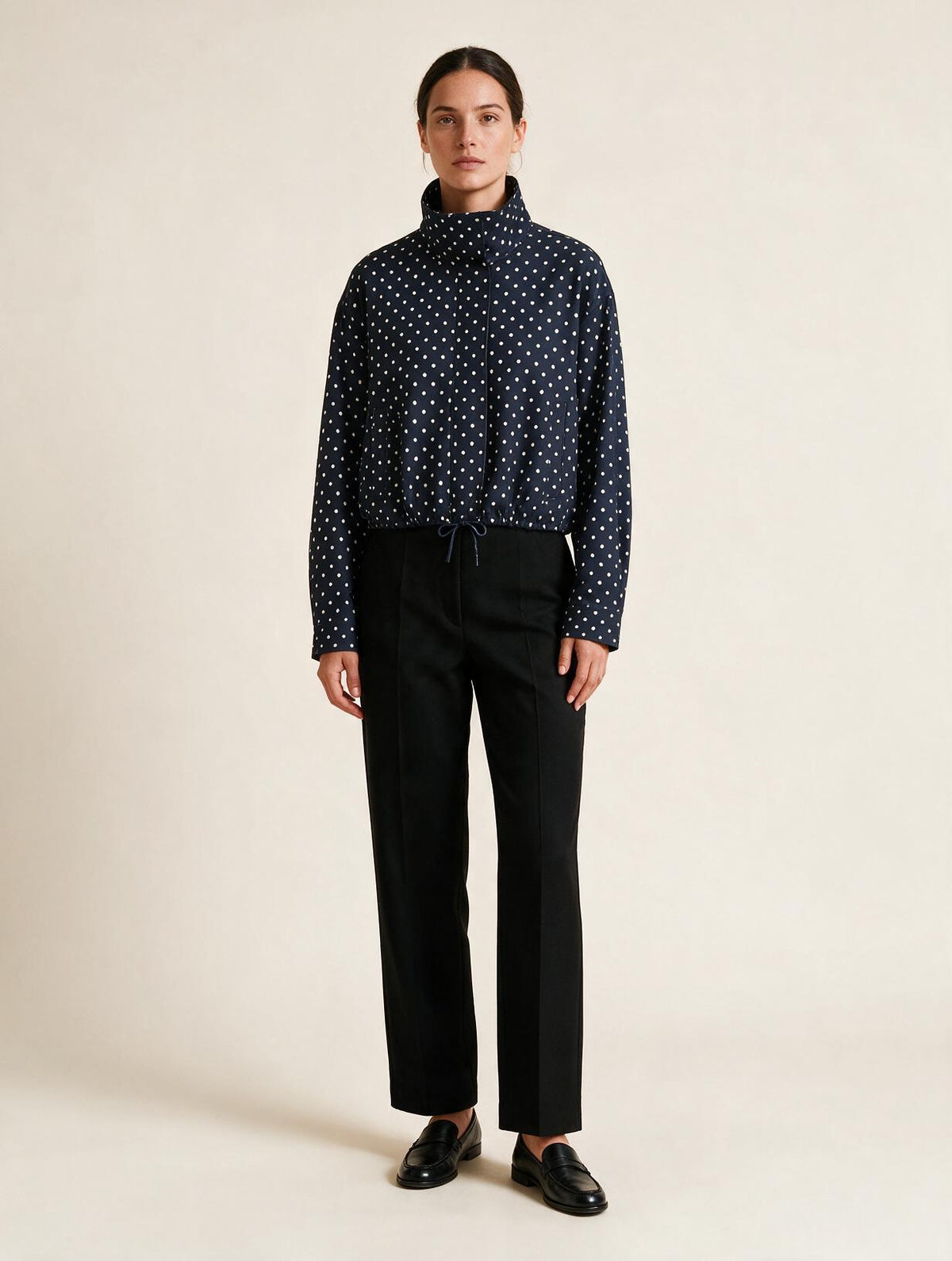 Elettra Ferri polka dot casual loose jacket worn by model, lightweight casualwear with a relaxed fit and stylish pattern.
