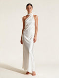 Elettra Ferri halter maxi dress on a model, flowing fabric, elegant design, suitable for summer or formal occasions.