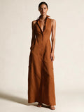 Elettra Ferri Elena V-neck sleeveless maxi dress worn by a model, flowing fabric, elegant design for summer or special occasions.