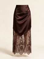 Elettra Ferri brown lace boho party skirt with intricate detailing, styled for fashion and clubwear occasions