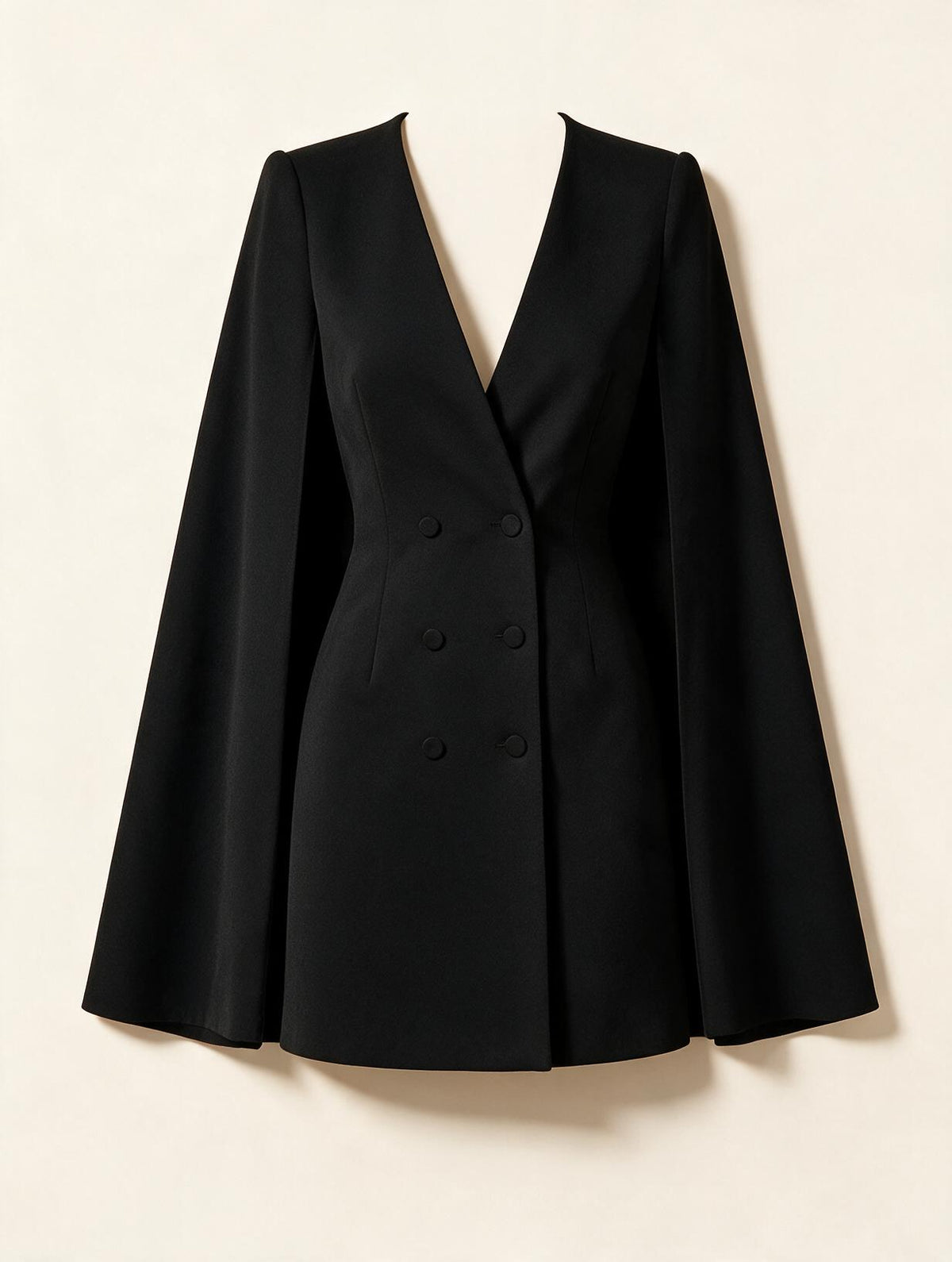 Elettra Ferri V-neck mini dress with cape sleeves, elegant black dress displayed flat on a white background.