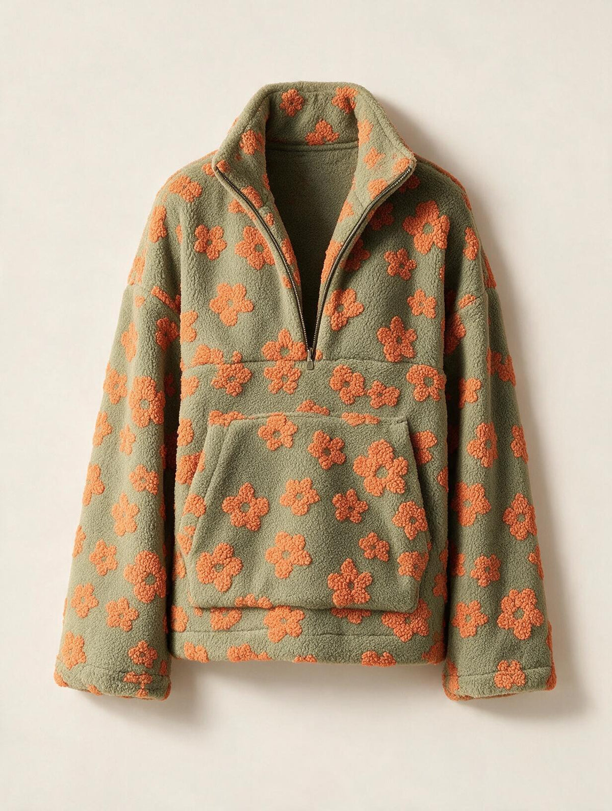 Elettra Ferri floral zip-detail fleece coat with a cozy fleece texture and vibrant floral pattern on a neutral background.