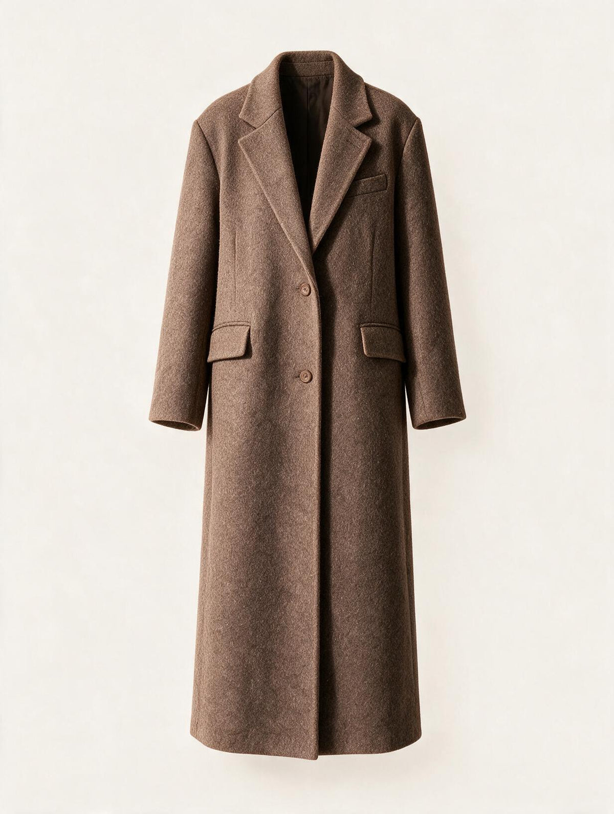 Elettra Ferri chic wool blend lapel coat hanging on a wooden hanger, showcasing its classic design and tailored fit.