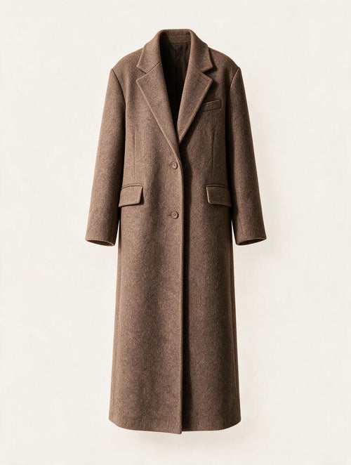 Elettra Ferri chic wool blend lapel coat hanging on a wooden hanger, showcasing its classic design and tailored fit.