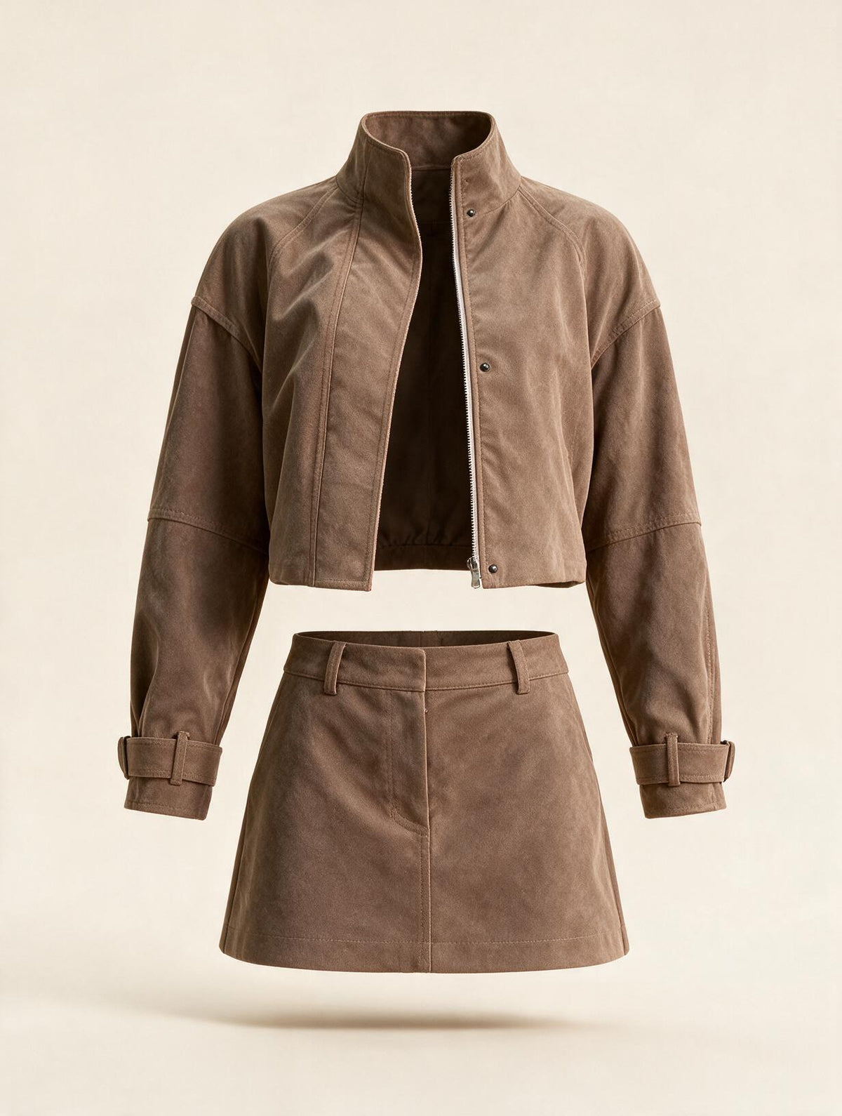 Elettra Ferri slim turtleneck two-piece skirt set coat displayed flat, showcasing its sleek design and fabric texture.