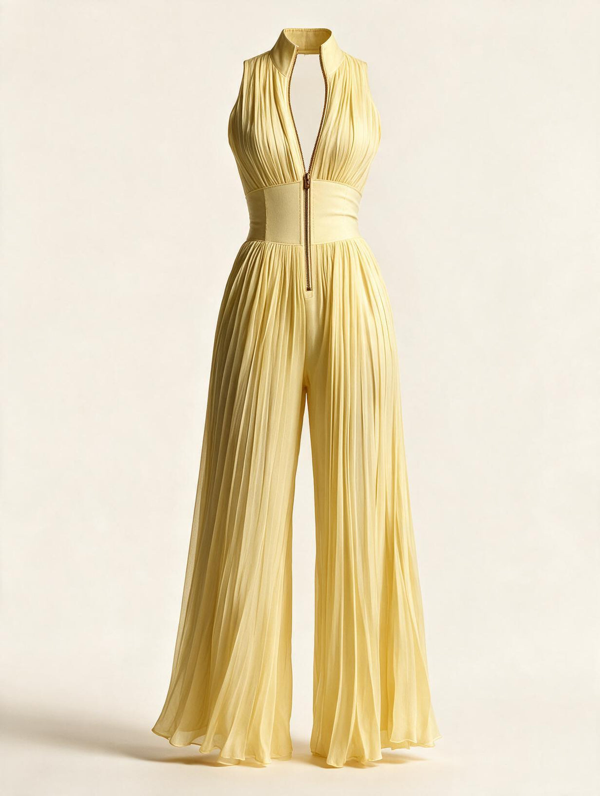 Elettra Ferri pleated wide-leg jumpsuit with a tailored fit, featuring a high neckline and flowing fabric, displayed on a plain background.