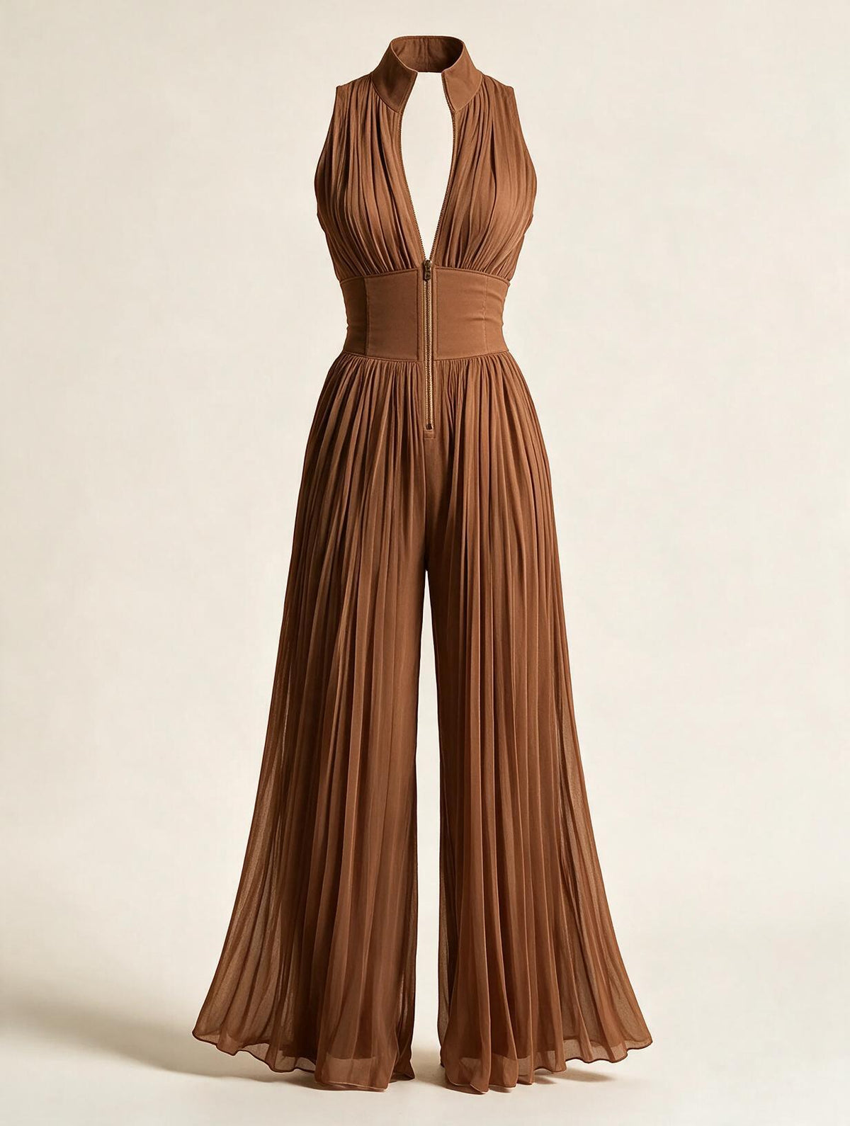 Elettra Ferri pleated wide-leg jumpsuit in soft fabric, featuring a fitted bodice and flowing wide-leg trousers.