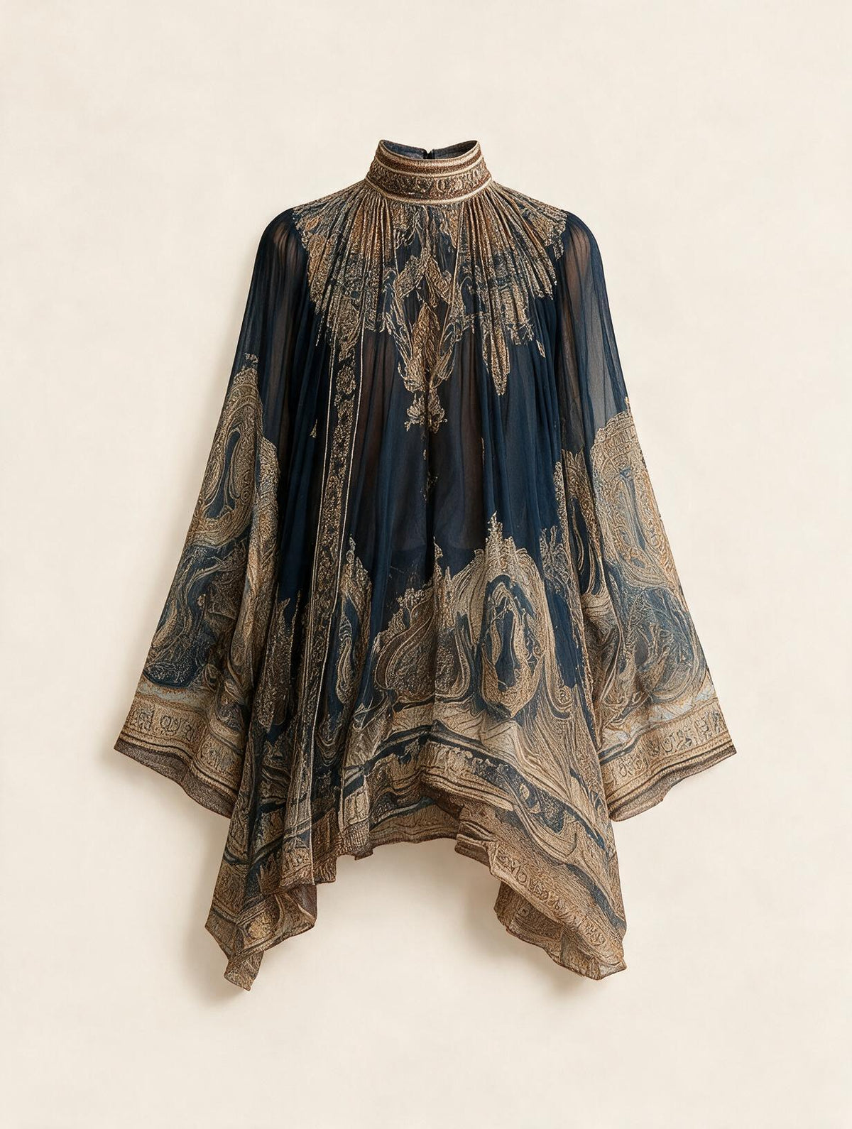Elettra Ferri printed chiffon puff-sleeve midi dress displayed flat with floral pattern and ruffled hem, showcasing elegant design.