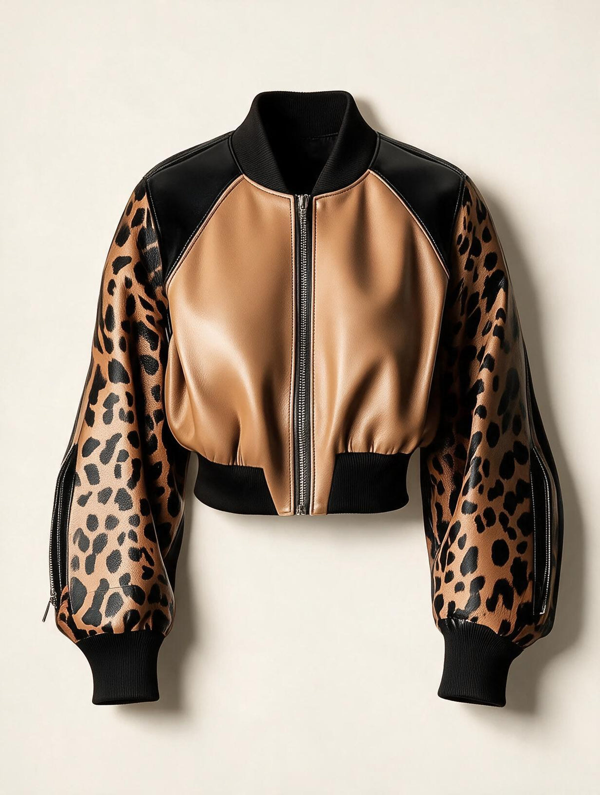 Leopard print cropped zip jacket by Elettra Ferri featuring a stylish coat design with a front zipper and bold animal print pattern.
