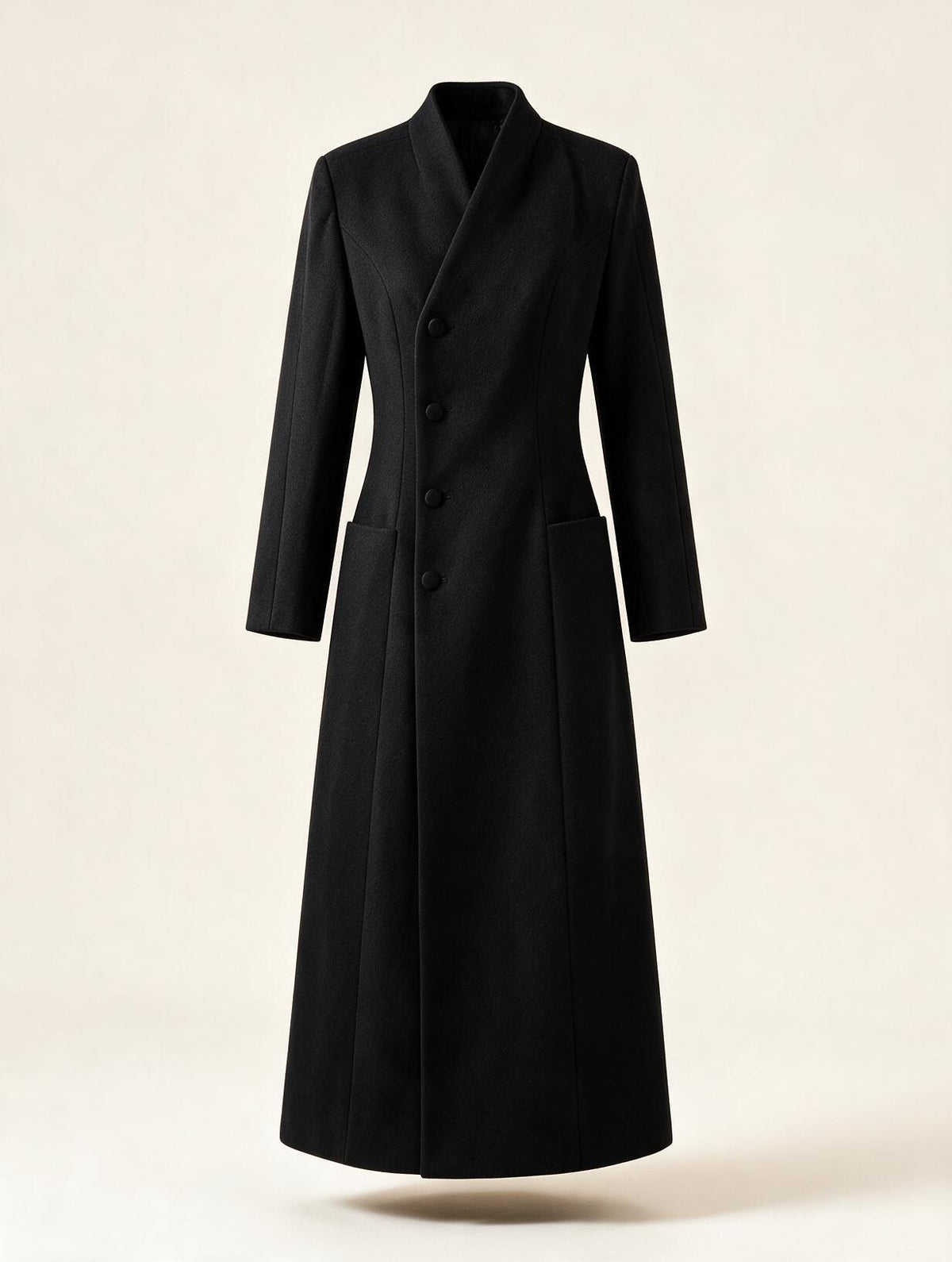 Elettra Ferri long tailored waist-cinched coat displayed flat, showcasing its sleek design and structured silhouette.