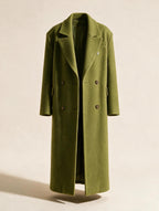 Elettra Ferri long double-breasted wool blend coat hanging on a rack, showcasing its tailored lapels and classic design.