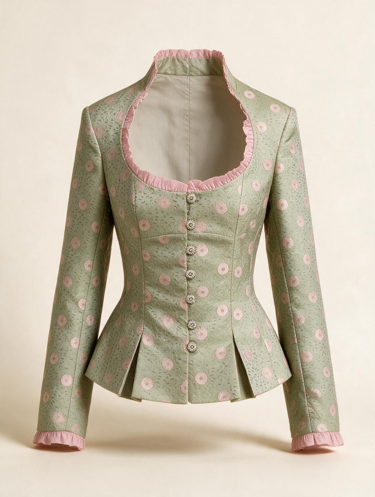 Elettra Ferri printed single-button puff sleeve blazer, shown in a close-up image highlighting the stylish design and fabric details.