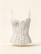 Elettra Ferri lace-trim printed tank top displayed flat, showing floral pattern and delicate lace details on lightweight fabric.
