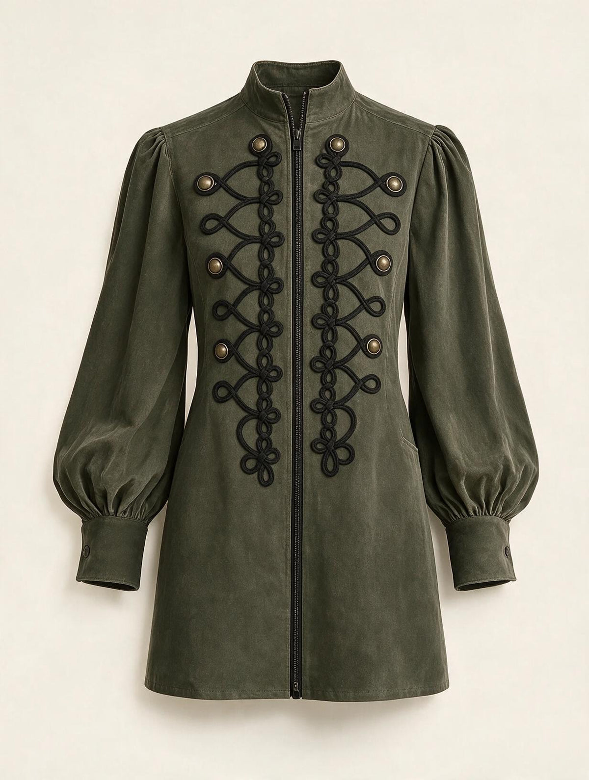Vintage high-neck mini dress with lantern sleeves by Elettra Ferri, shown hanging on a plain background.