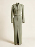 Elettra Ferri premium tailored blazer and midi skirt set displayed flat, showcasing elegant, coordinated dress ensemble.