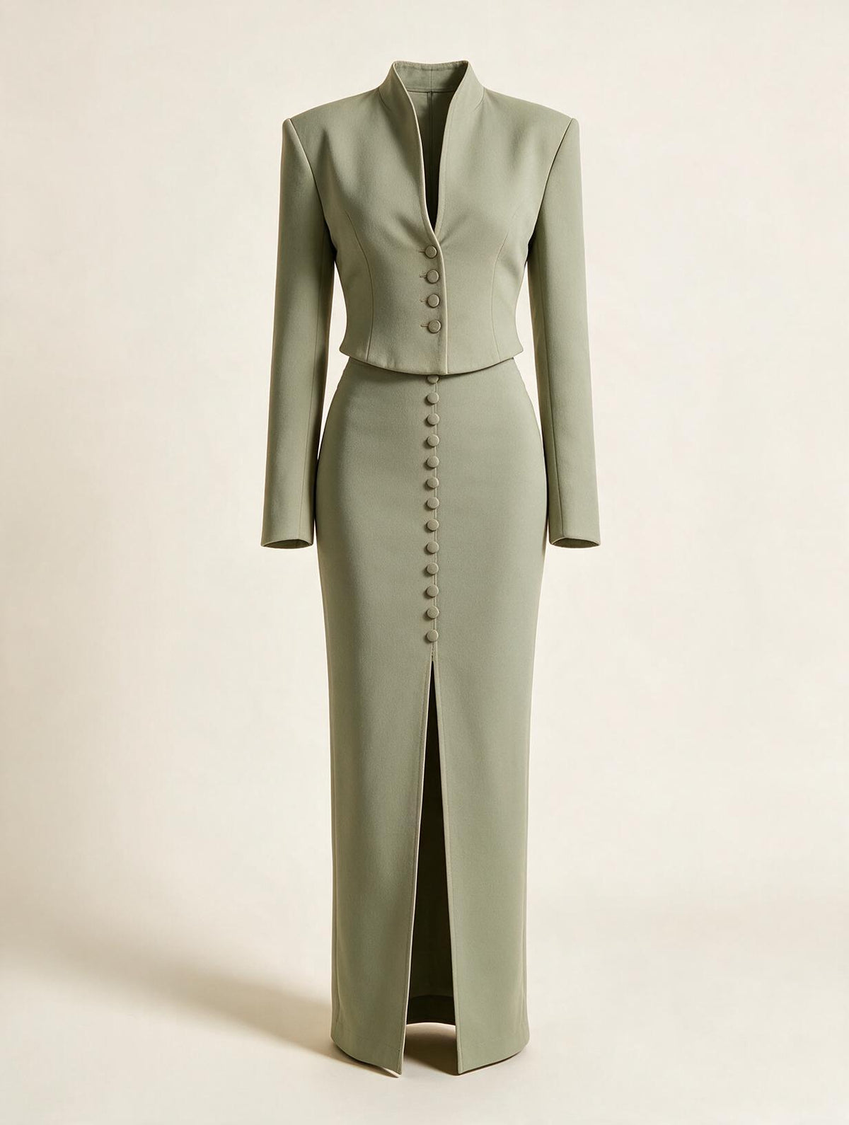 Elettra Ferri premium tailored blazer and midi skirt set displayed flat, showcasing elegant, coordinated dress ensemble.