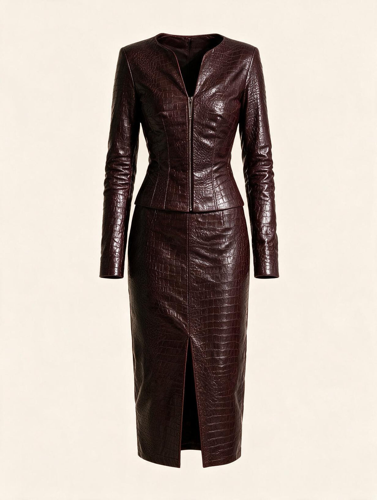Elettra Ferri burgundy leather jacket and midi skirt set displayed on a plain background, showcasing the stylish matching outfit.