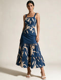 Elettra Ferri printed ruffle A-line midi dress with floral pattern, sleeveless design, and fitted waist on a model.