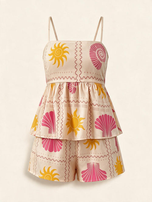 Elettra Ferri bohemian lace-up top and shorts casualwear set, featuring lightweight fabric and boho-style design.