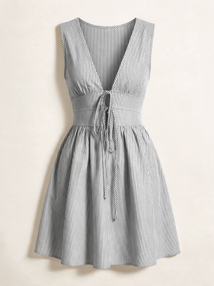 Elettra Ferri lace-up striped cotton dress with a fitted bodice and flared skirt, featuring vertical black and white stripes.