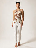 Elettra Ferri plant print cross-back tank top in casualwear style with vibrant green and white botanical design.