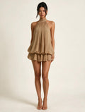 Elettra Ferri halter ruffle chiffon mini dress in light, flowy fabric with ruffle accents, perfect for summer occasions.