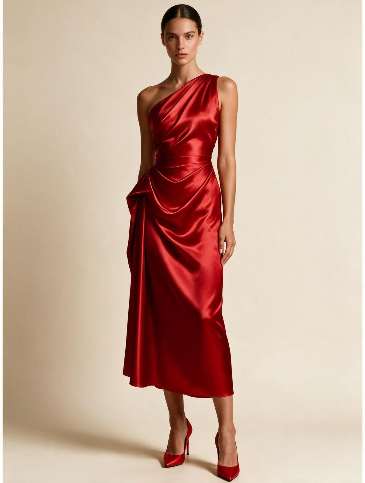 Elettra Ferri satin pleated dress with a flowing design and elegant draping, displayed on a mannequin.