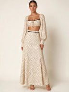 Elettra Ferri boho polka dot two-piece dress set featuring a flowy top and matching skirt, perfect for casual summer wear.
