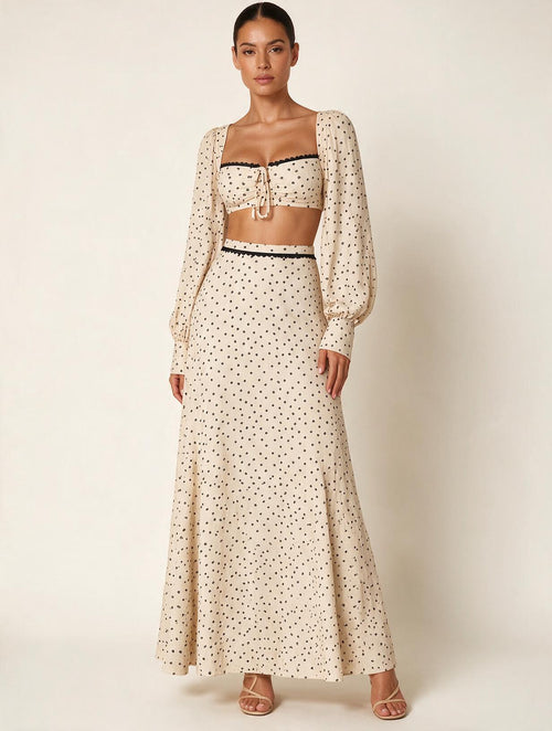Elettra Ferri boho polka dot two-piece dress set featuring a flowy top and matching skirt, perfect for casual summer wear.