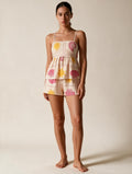 Elettra Ferri bohemian lace-up top and shorts casualwear set, featuring lightweight fabric and relaxed fit for summer style.