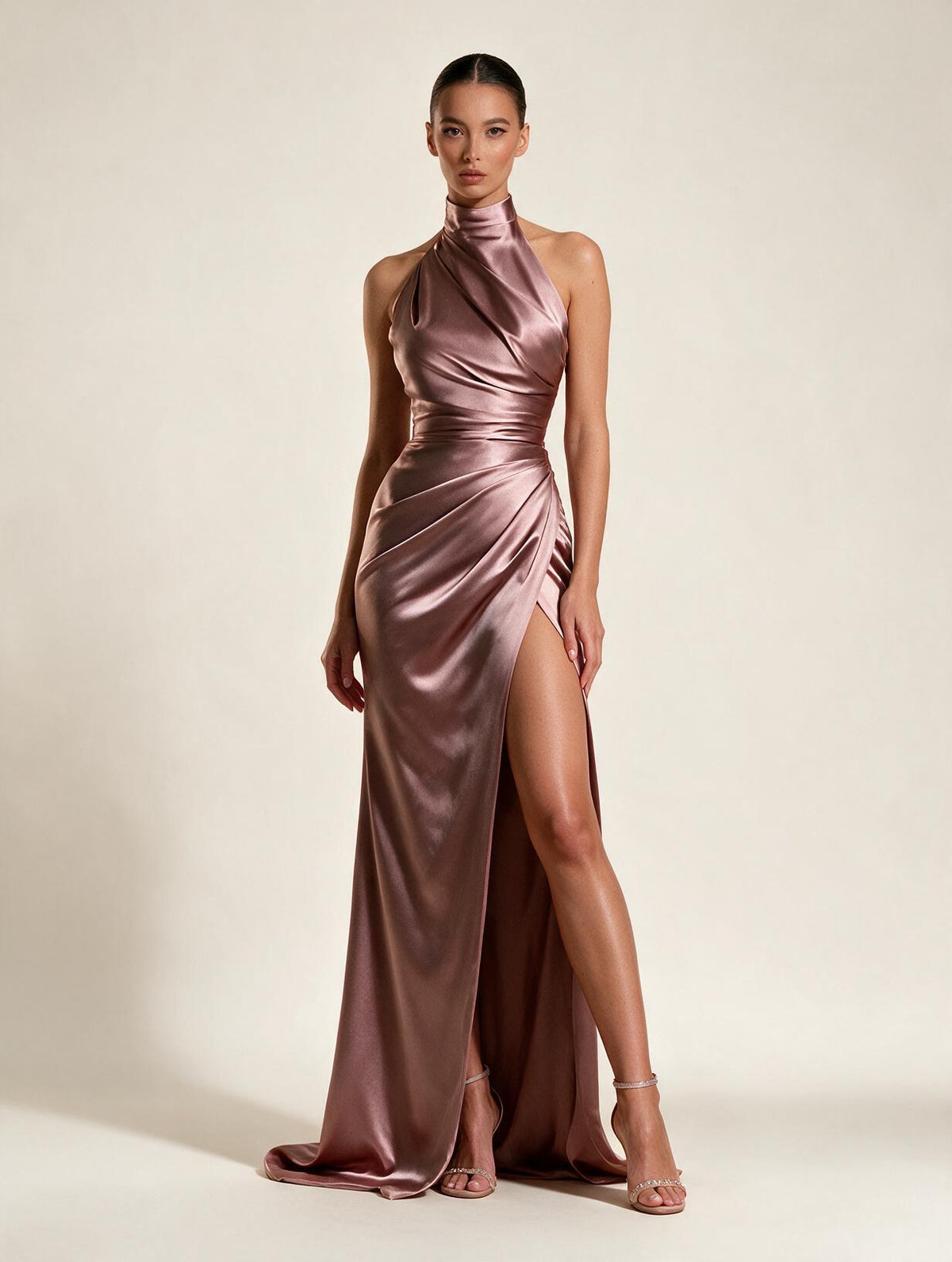 Elettra Ferri turtleneck shirred A-line maxi dress in flowing fabric, featuring a fitted bodice and flared hem.