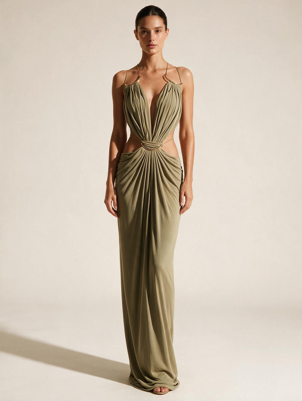 Elettra Ferri halter maxi dress featuring flowy fabric and a fitted bodice, perfect for elegant summer occasions.