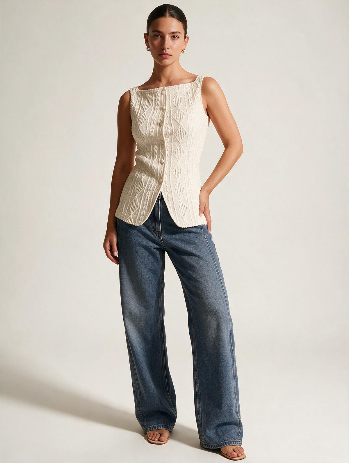 Elettra Ferri geometric textured sleeveless casual shirt with modern design and bold pattern, displayed on a white background.