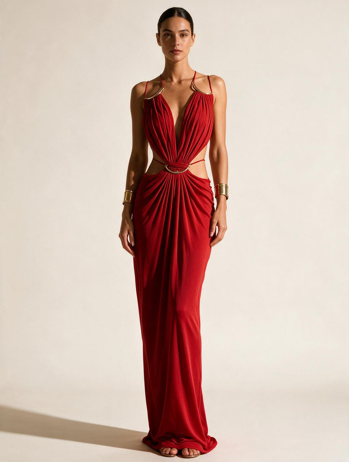 Elettra Ferri halter maxi dress in flowing fabric, sleeveless design, and elegant length perfect for summer or formal occasions.