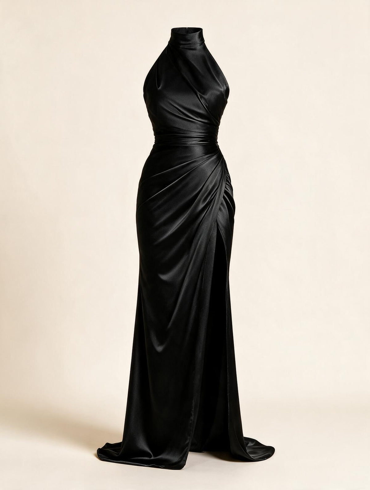 Elettra Ferri turtleneck shirred A-line maxi dress in soft fabric, featuring a fitted bodice and flowing skirt.