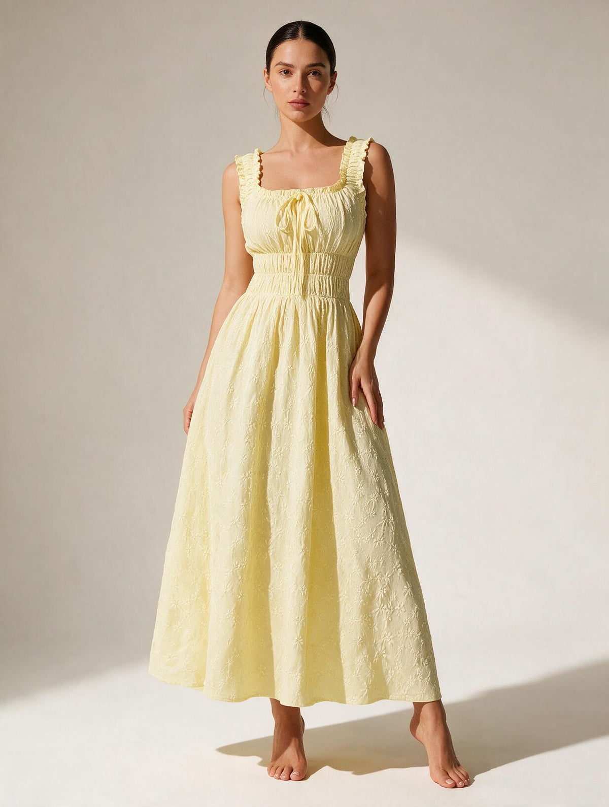 Elettra Ferri square neck tie-front ruffle maxi dress, flowing fabric with ruffle details and a stylish square neckline.