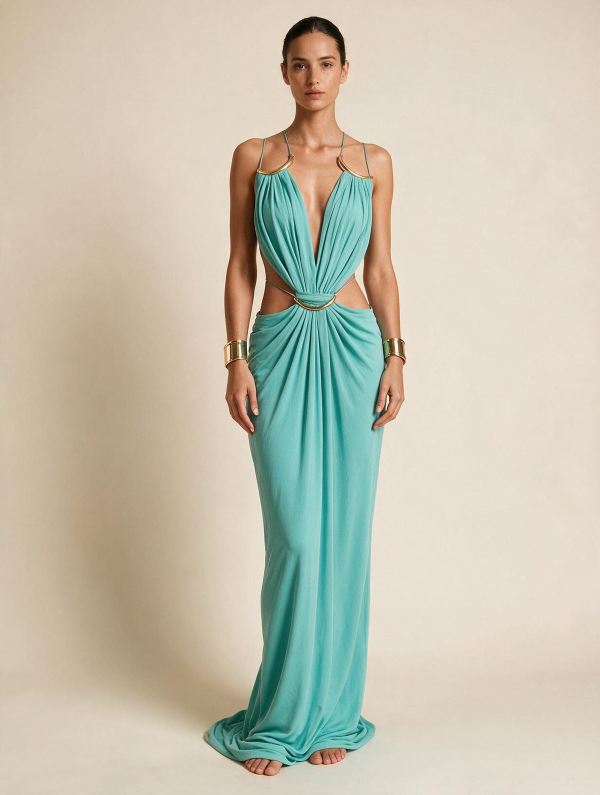 Elettra Ferri halter maxi dress with flowing fabric and elegant design, perfect for summer or special occasions.