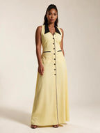 Elettra Ferri button detail turn-down collar maxi dress showing a flowing fabric and stylish collar design.