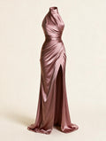 Elettra Ferri turtleneck shirred A-line maxi dress in soft fabric, featuring a fitted bodice and flowing skirt.